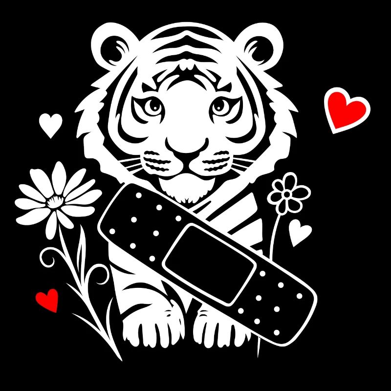 Tiger mit Pflaster und Blumen - Gute Besserung