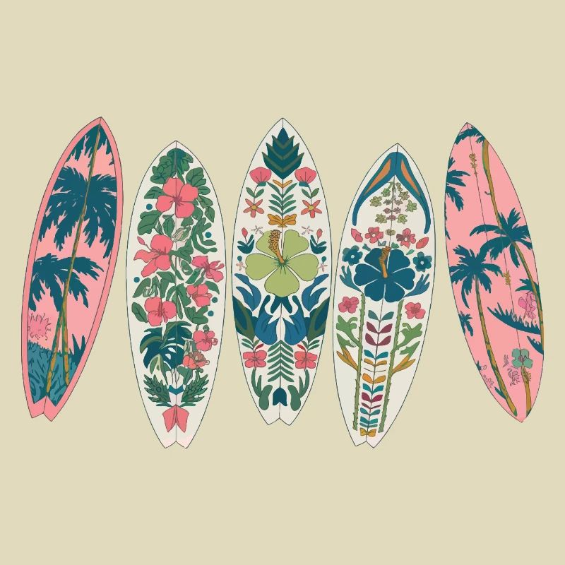 Surfboards Tropical Pattern Flowers Palm Trees