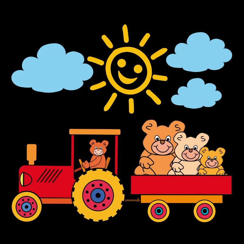 Teddy bears drive tractor with trailer