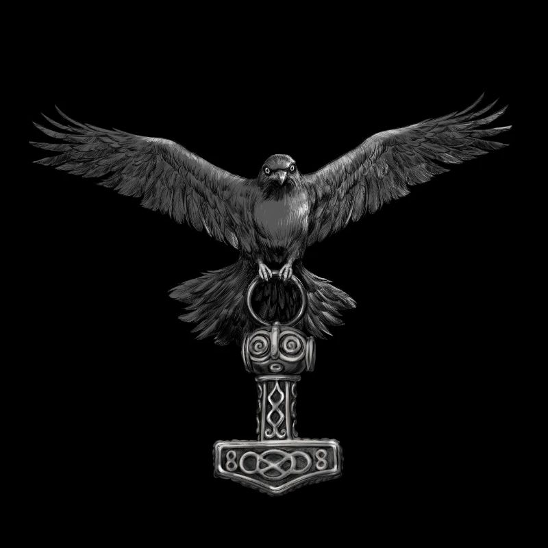 Thor Hammer Mjölnir with Odin Ravens Hugin and Munin