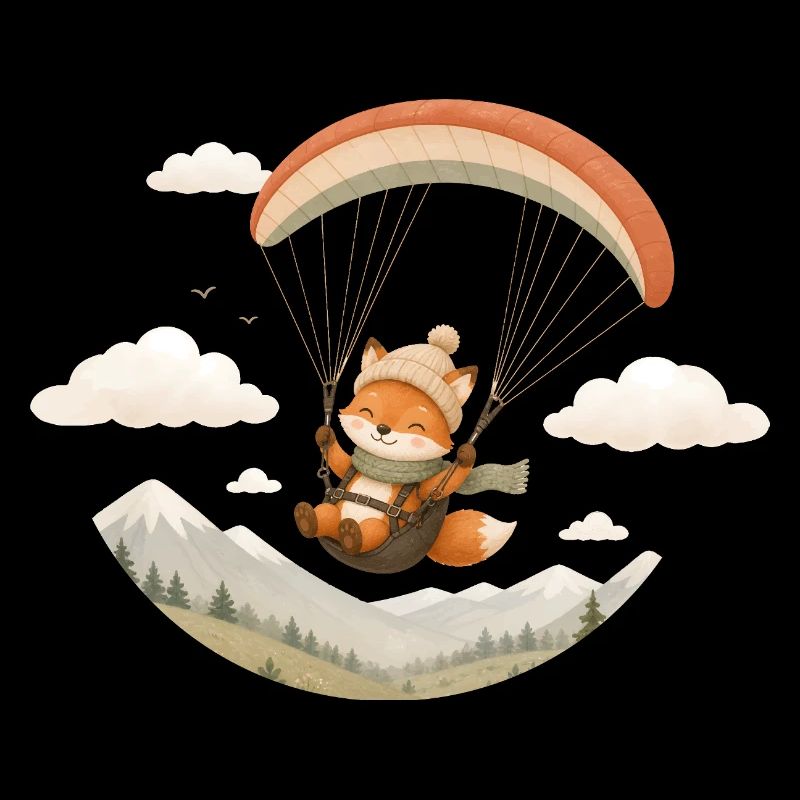 Cute fox with paraglider over mountains