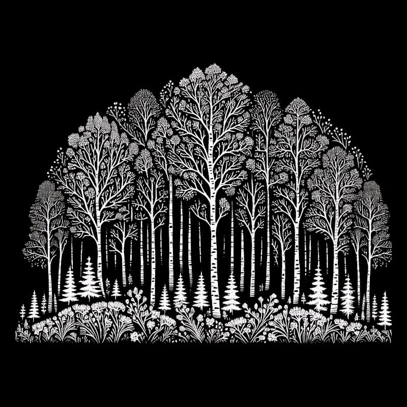 White on Black Birch Forest Pattern