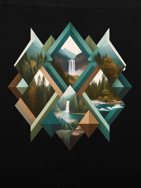 Geometrischer Wald und Wasserfälle