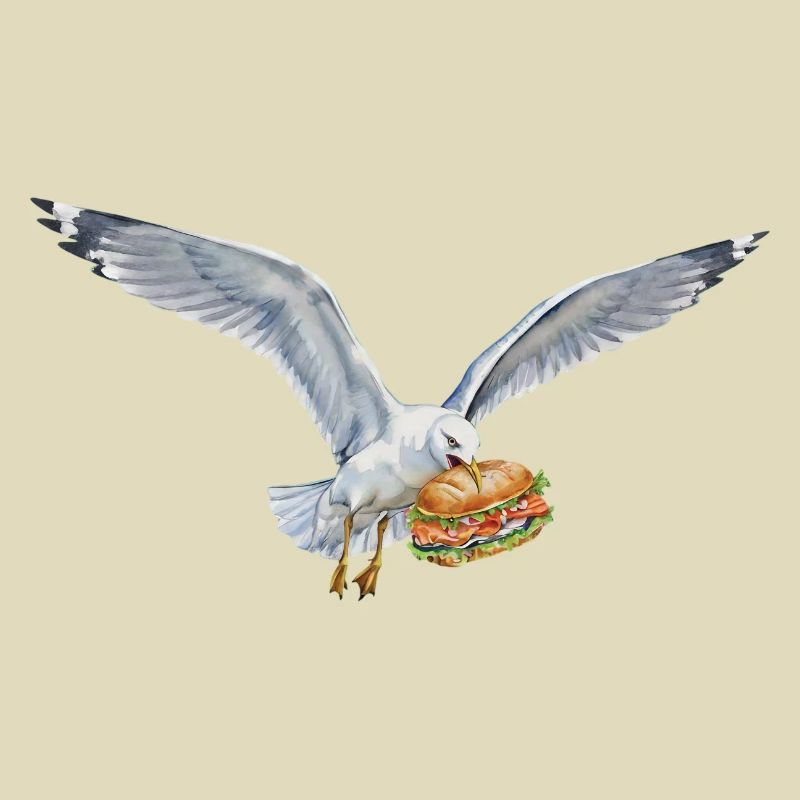 Funny Seagull Steals Fish Rolls Beach