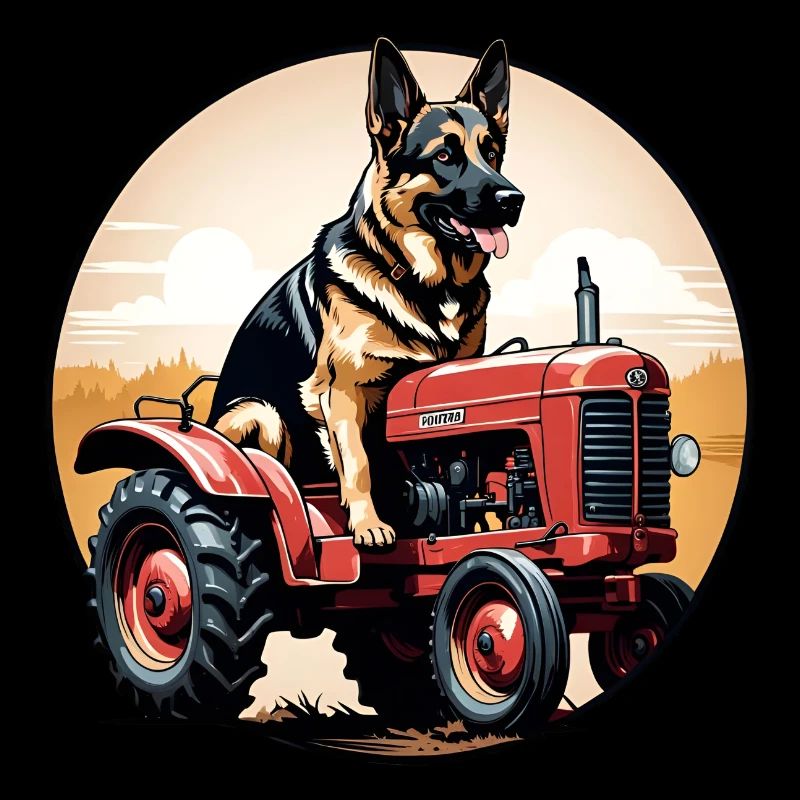 Deutscher Schäferhund fährt einen Oldtimer-Ackerschlepper