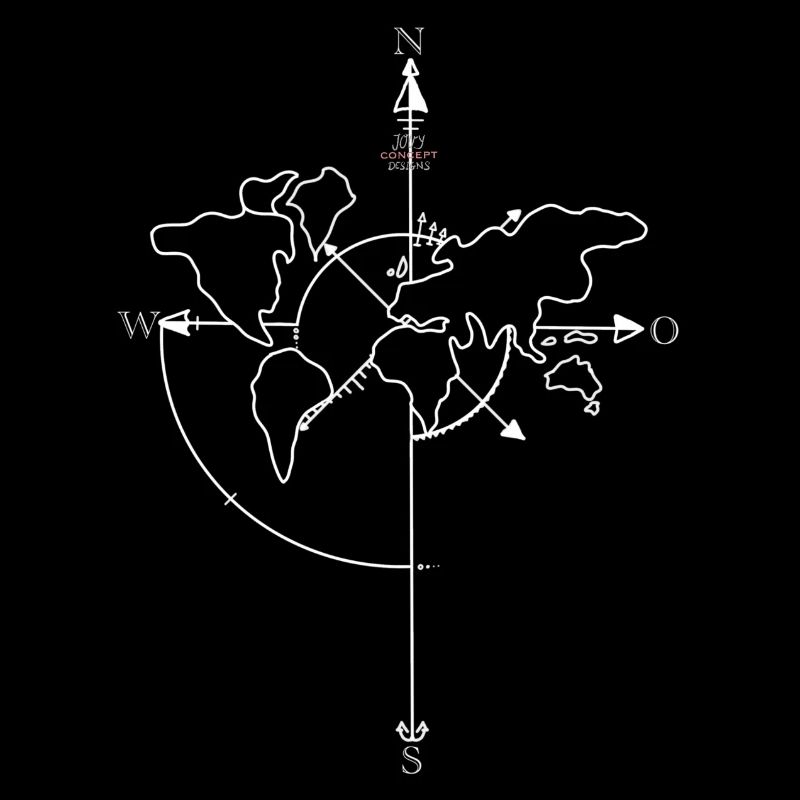 World map, cardinal directions, compass