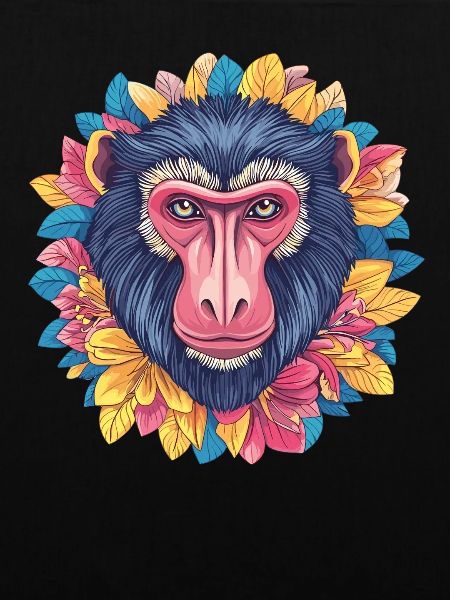 Mandrill mit Blumenkranz