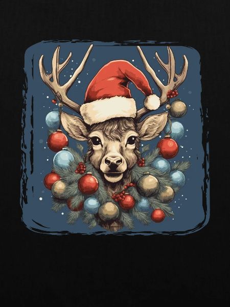 Rentier mit Weihnachtskugeln und Mütze
