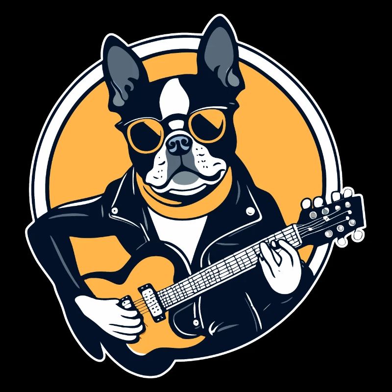 Boston Terrier spielt E-Gitarre