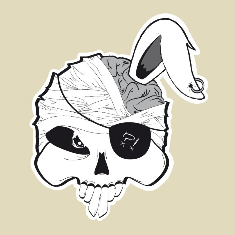 Pirate bunny skull with brain and rabbit ear