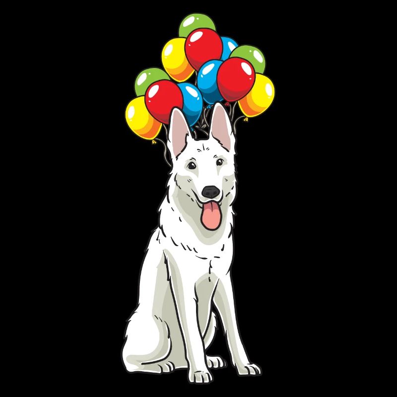 Weißer Schweizer Schäferhund mit Ballons