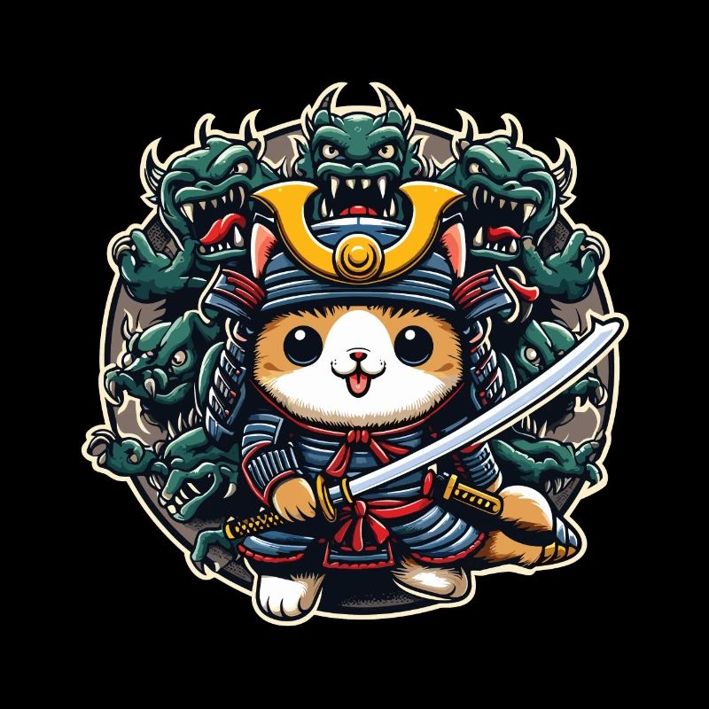 Chat ninja samouraï et monstre derrière