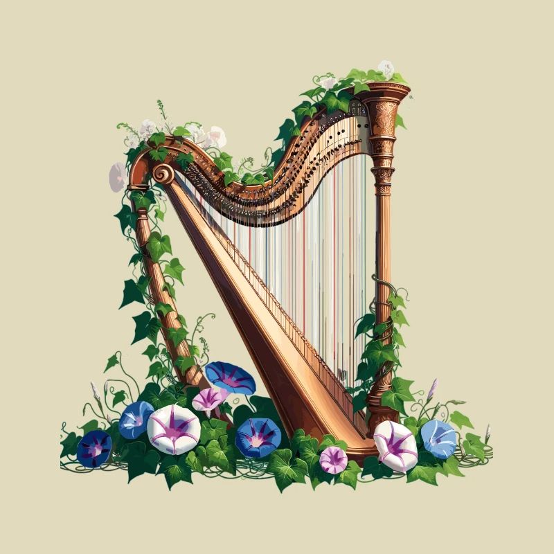 Große Harfe mit Efeu und Prunkwinden