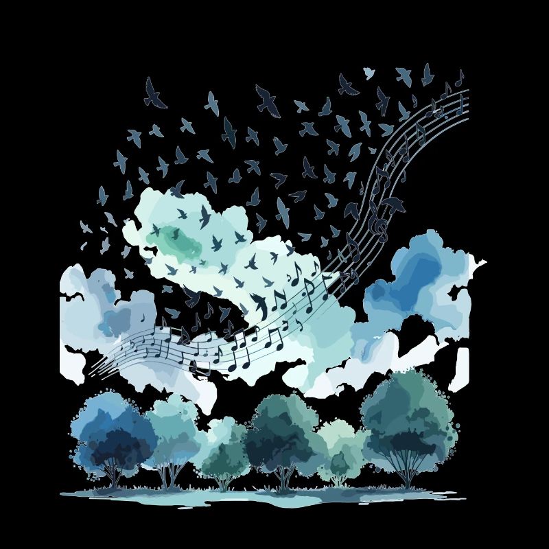 Volée d’oiseaux formant des notes de musique dans le ciel