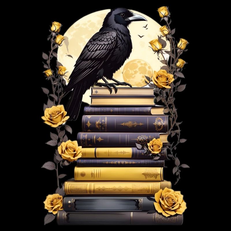 Stack of books with raven