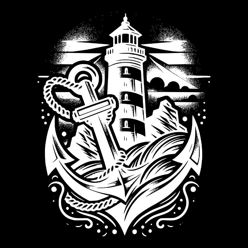 Coastal lighthouse with anchor and light