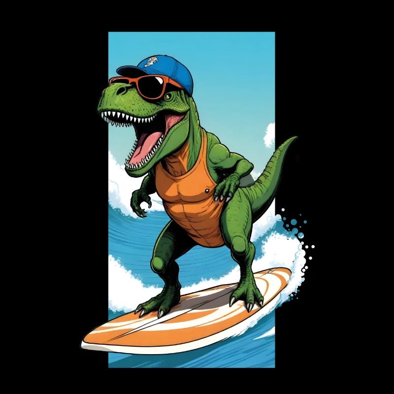 Cool dino T-Rex on surfboard rides on wave