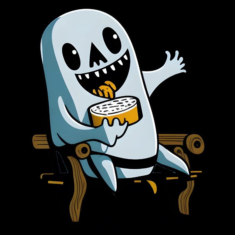Halloween ghost eating sandwich on park bench