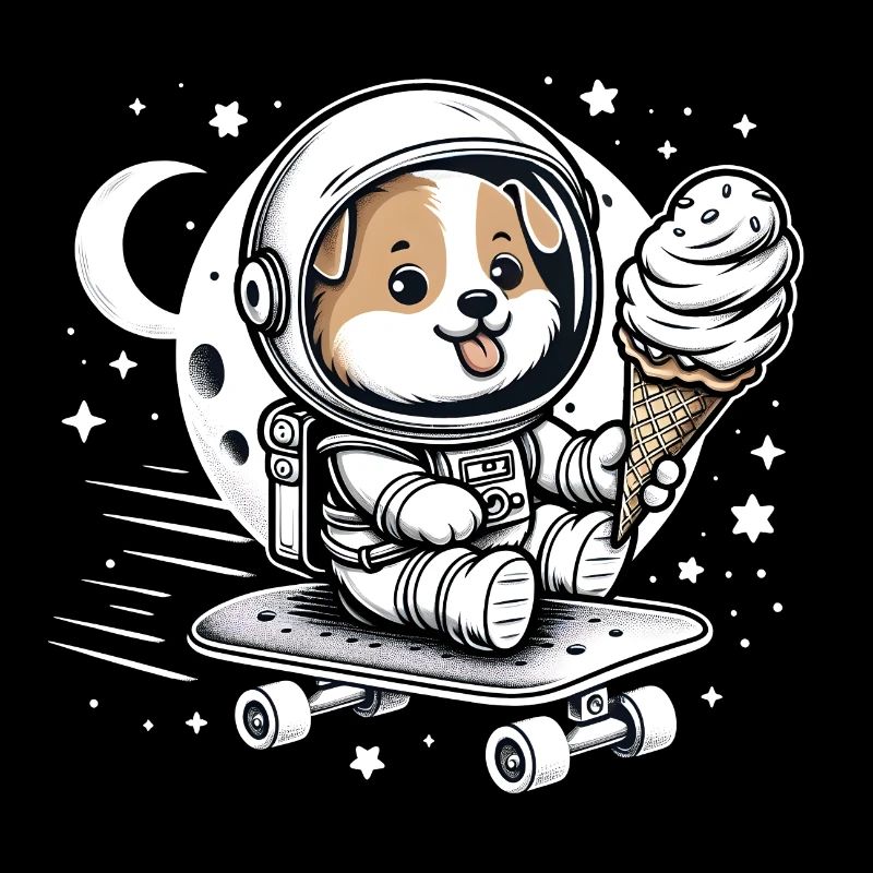 Hund als Astronaut mit Skateboard und Eis