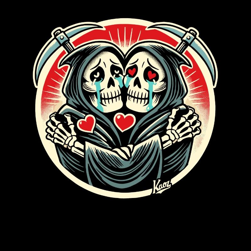 Grim Reaper twins crying and hugging each other
