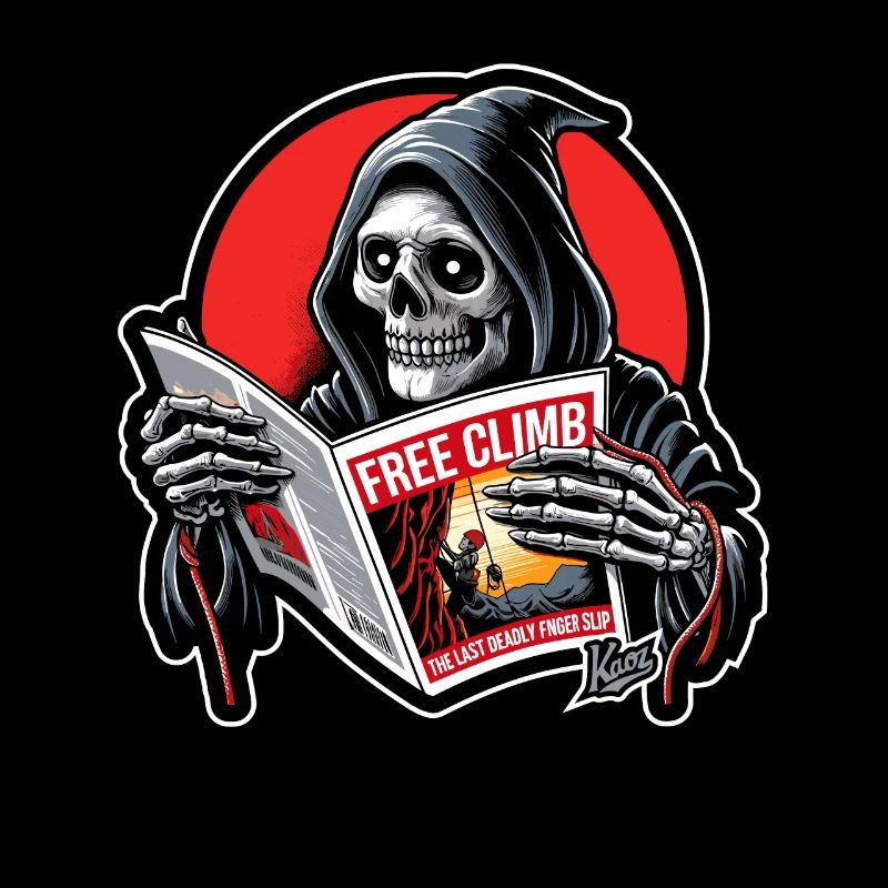 Grim Reaper reads booklet about climbing