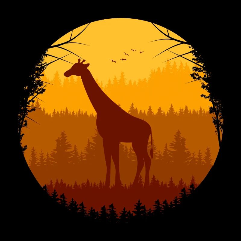 Giraffe und Vogelschwarm im Herbstwald