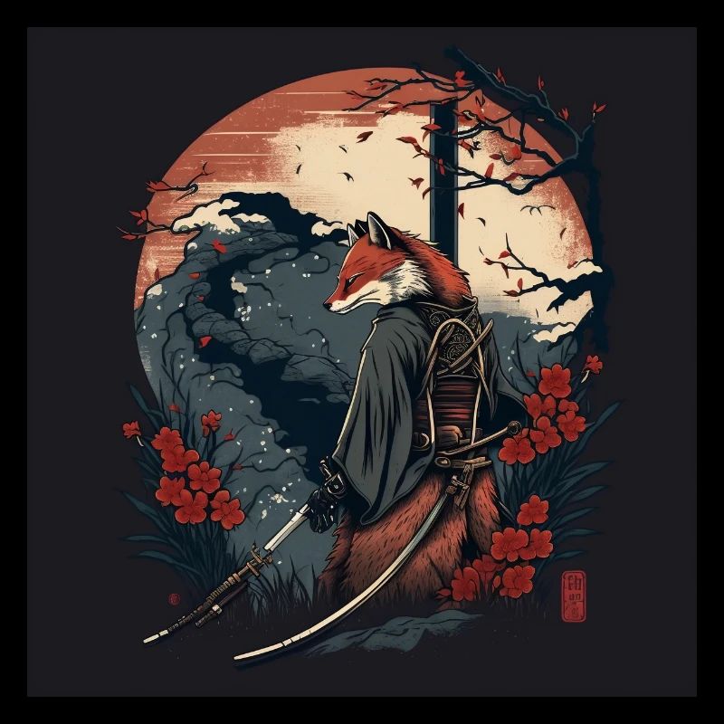 Ästhetischer japanischer Stil mit einem Fuchs mit einem Katana