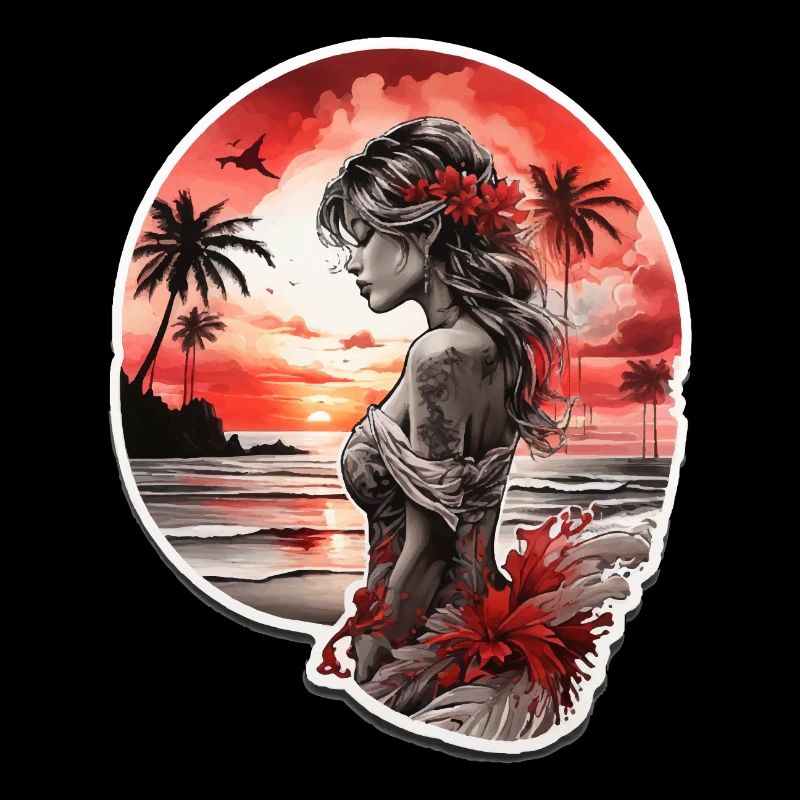 Frau am Strand mit Blick auf den roten Sonnenunter