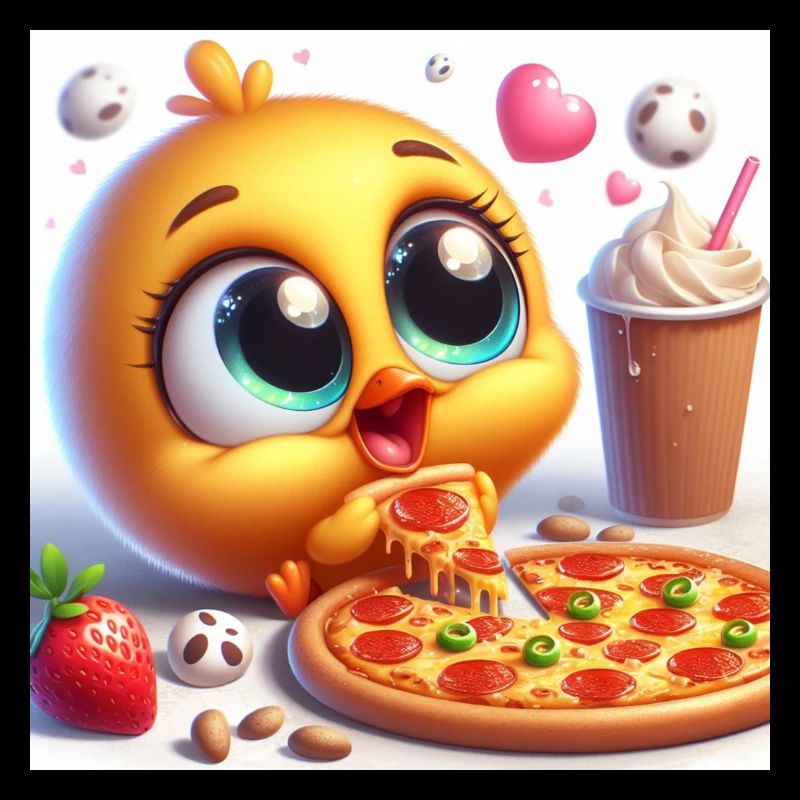 Cute fluffy chick with big pizza & shake