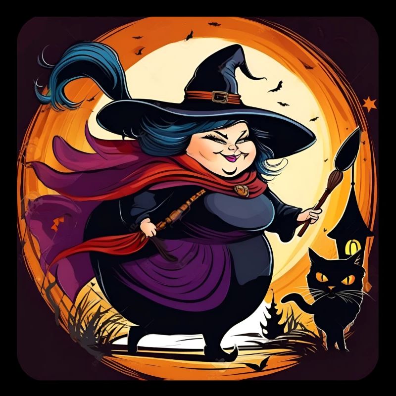 Dicke Hexe mit schwarzer Katze