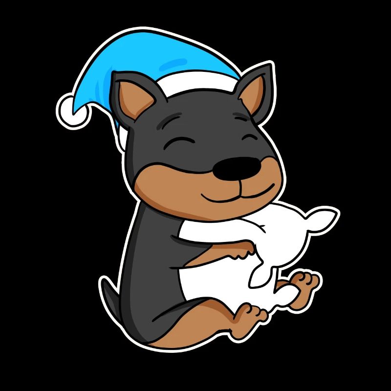 Dog Dwarf Pinscher with pillow and sleeping cap