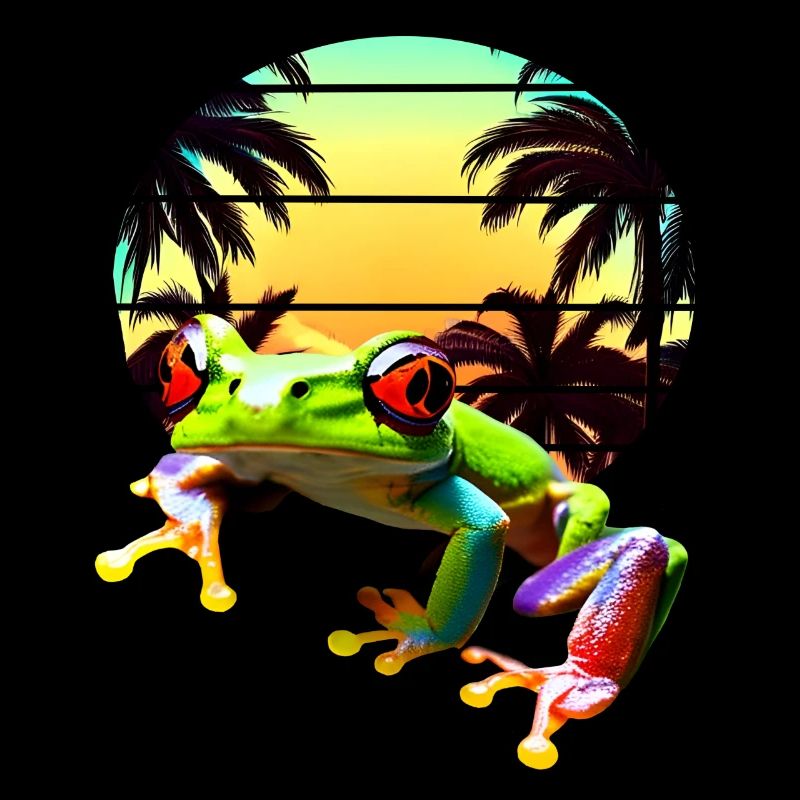 Red-eyed tree frog with palm trees sunset