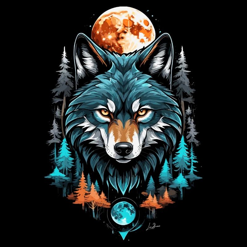 Wolf Geometric Moon Forest
