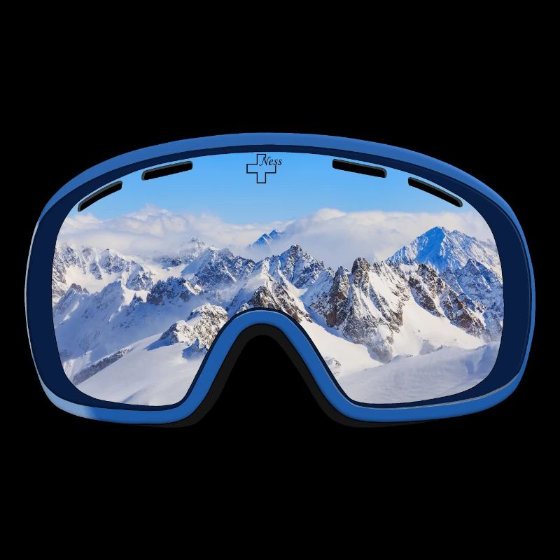 Ski goggles reflect mountain panorama