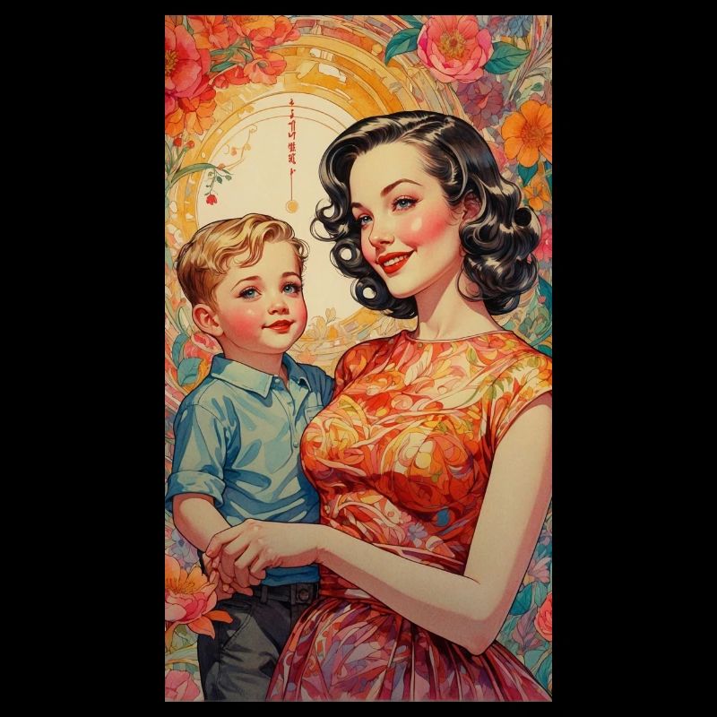 Mutter mit Kind - Retro 50er Jahre - Illustration
