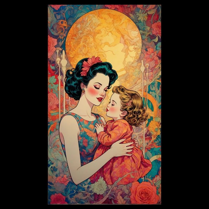 Mutter mit Kind vor Mond - Retro 50er Jahre