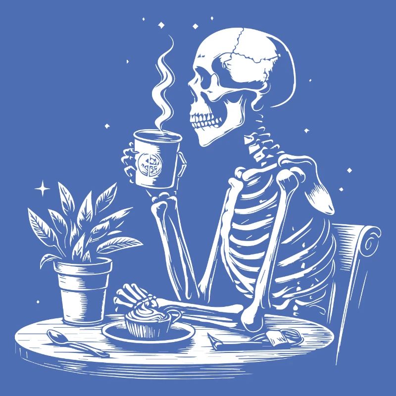 Skeleton drinking black coffee