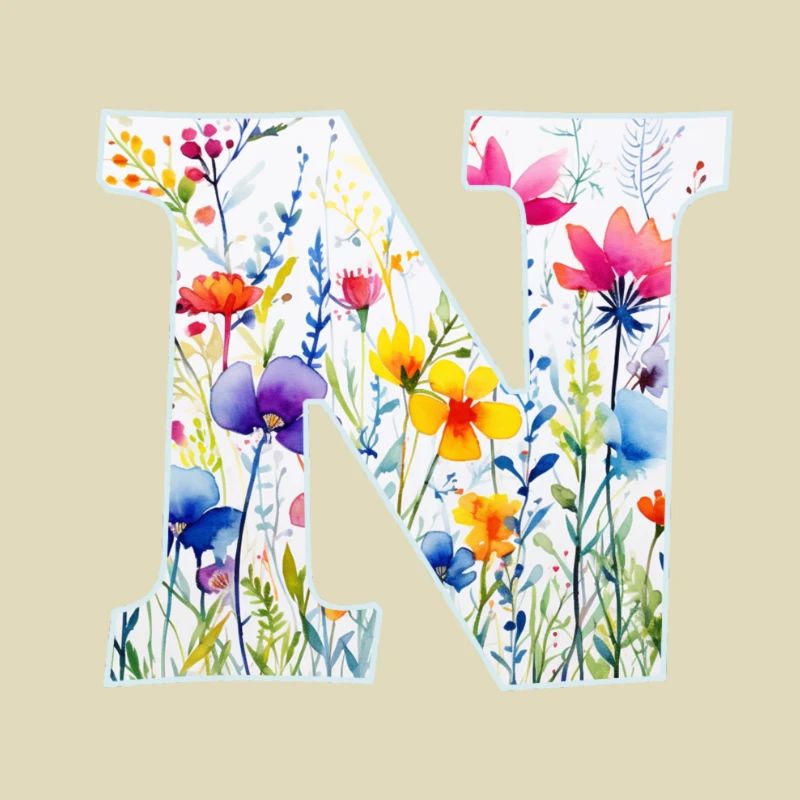 Letter N, Monogram, Floral Pattern