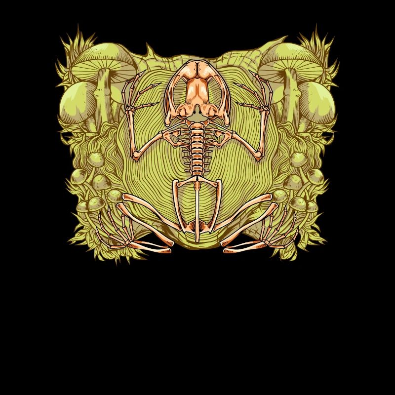 Frog skeleton between mushrooms