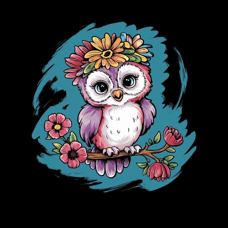 Niedliche Eule Vogel Federn Blumen für einen