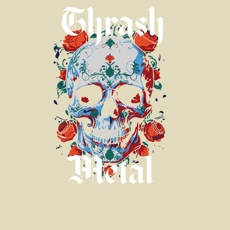 Thrash Metal design with skull and roses.