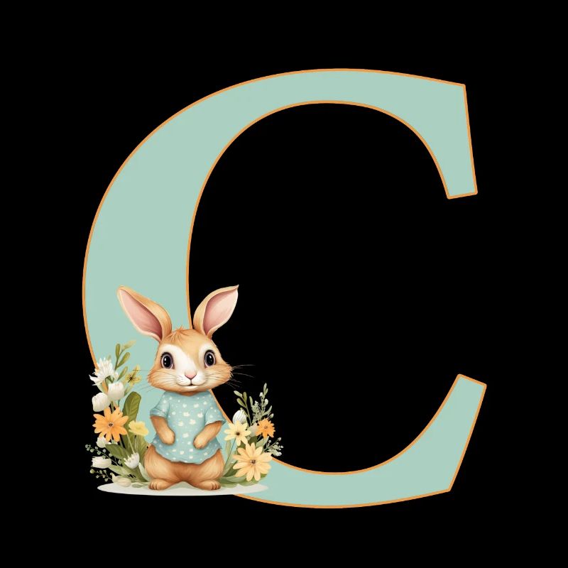 Lettre C, Monogramme, Fleurs, Lapin