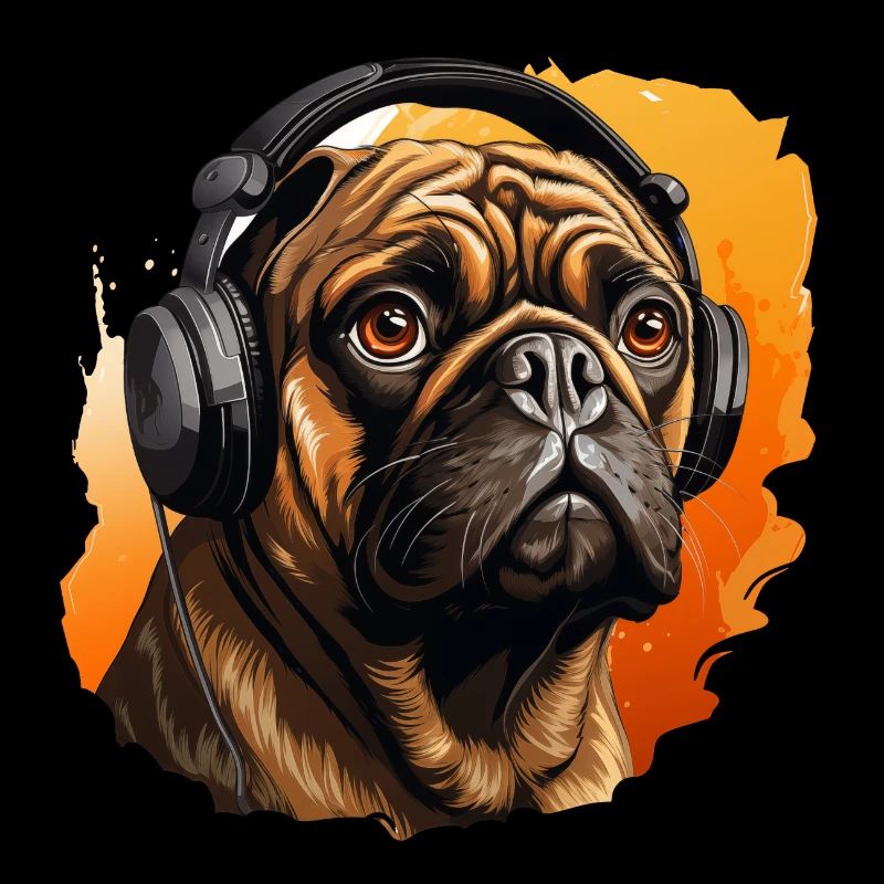 Mops mit Kopfhörer