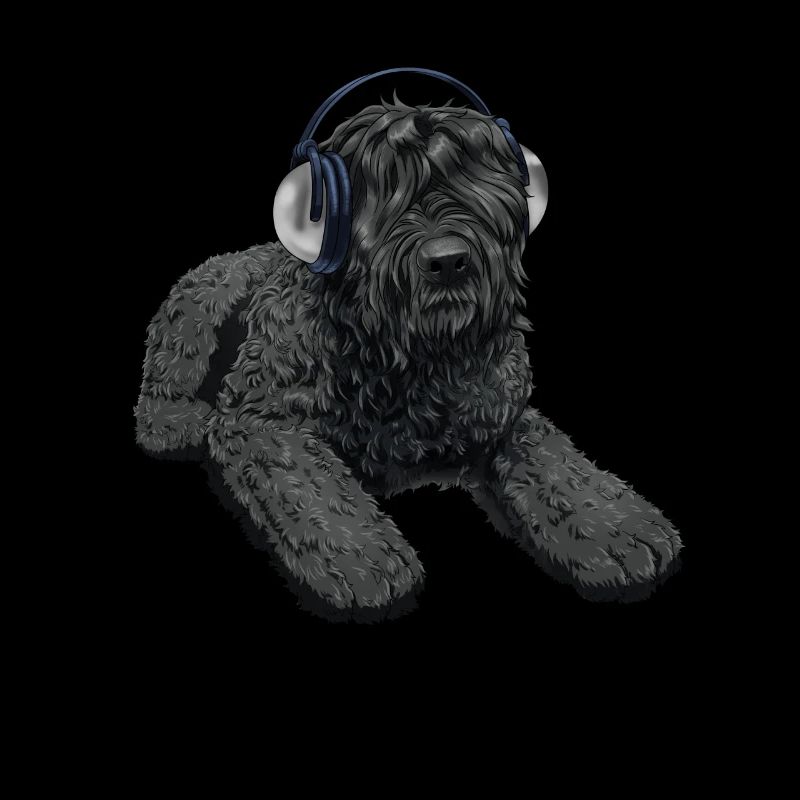 Schwarzer russischer Terrier Hund mit Kopfhörer