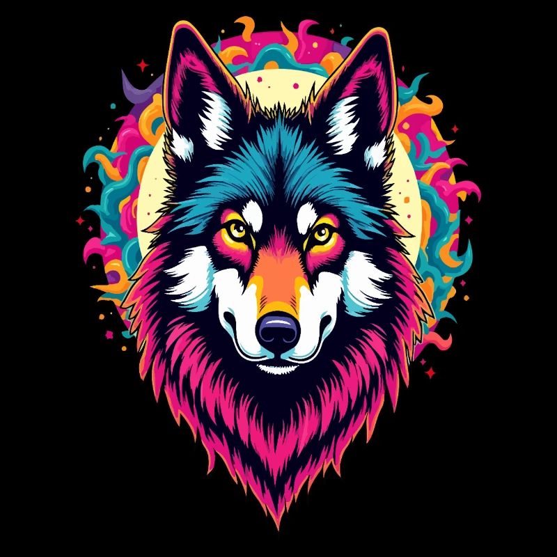 Neon Wolf Head with Sun – Colorful Psychedelic Art