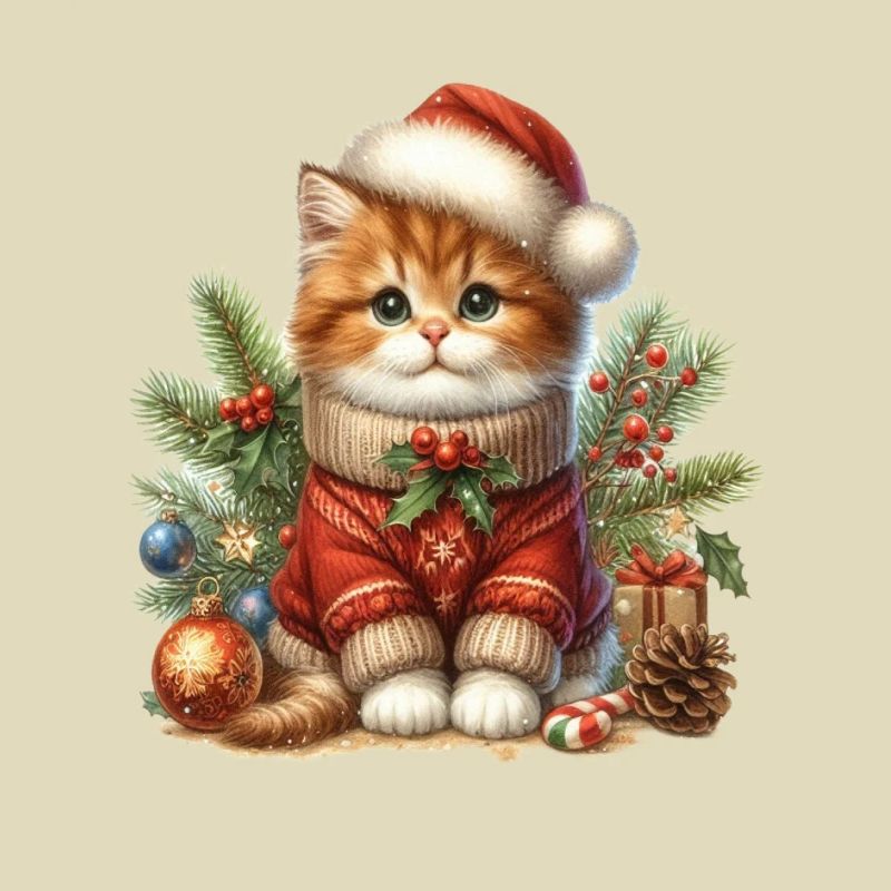 Chat de Noël avec pull tricoté et chapeau