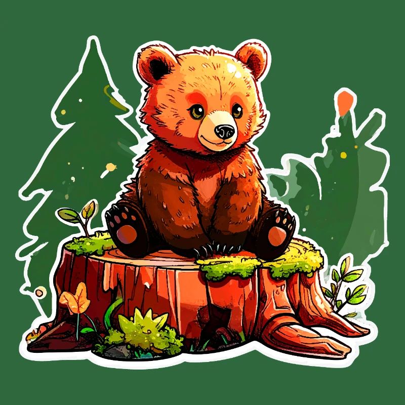 A little bear perched on a tree stump