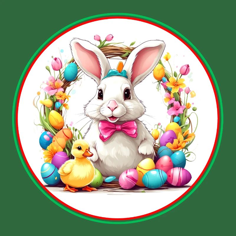 Cute easter bunny in easter basket with little chick