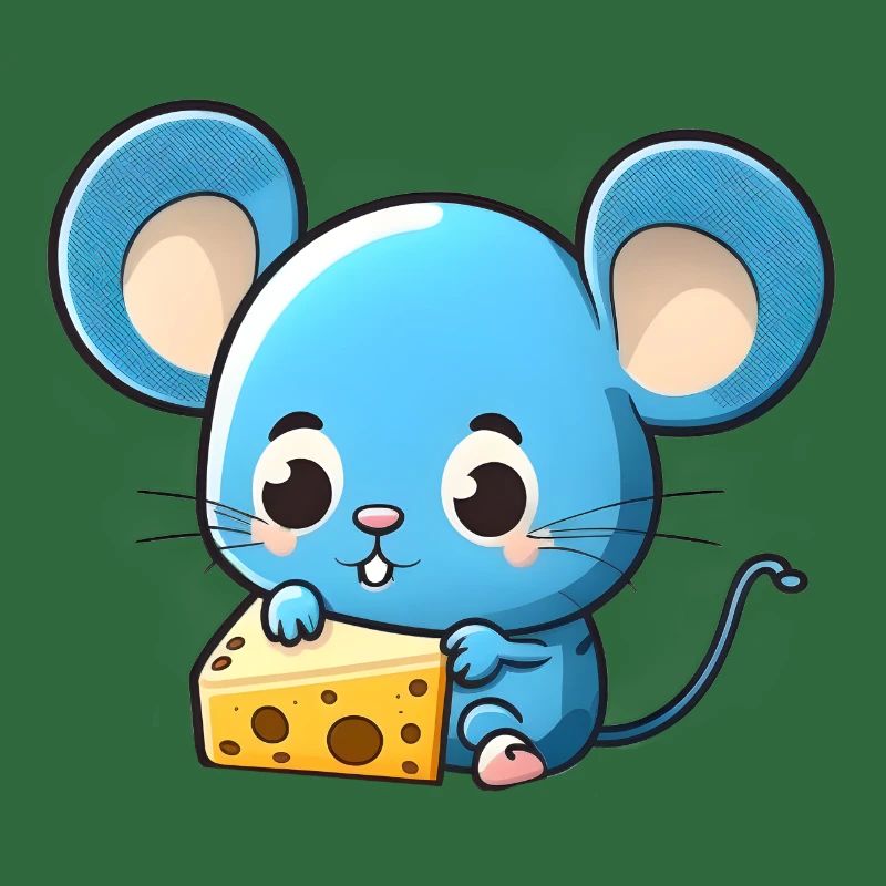 Little blue comic mouse plays with cheese