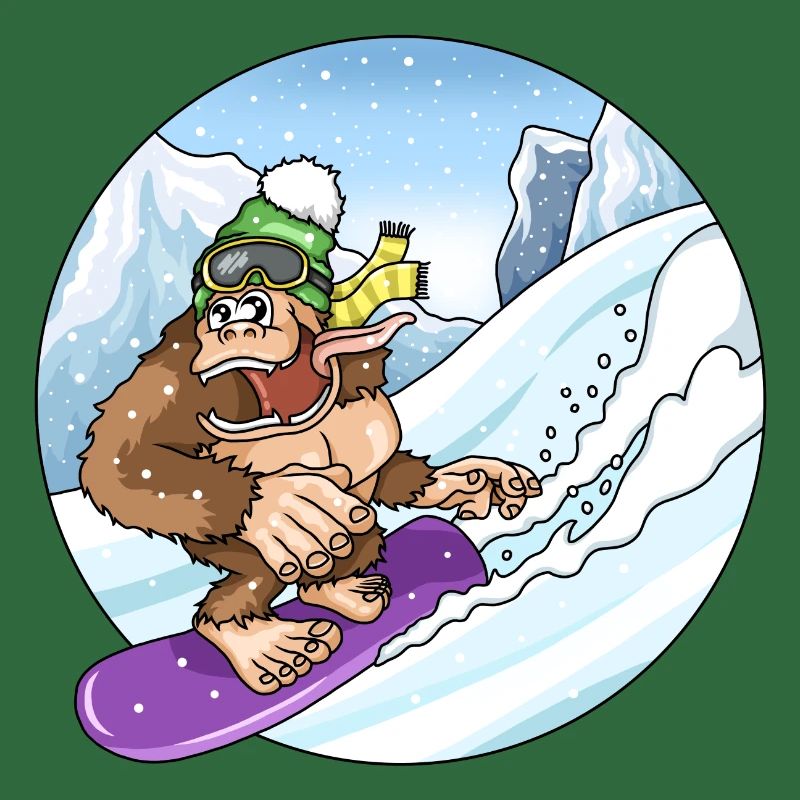 Cute Gorilla While Snowboarding Snow Landscape